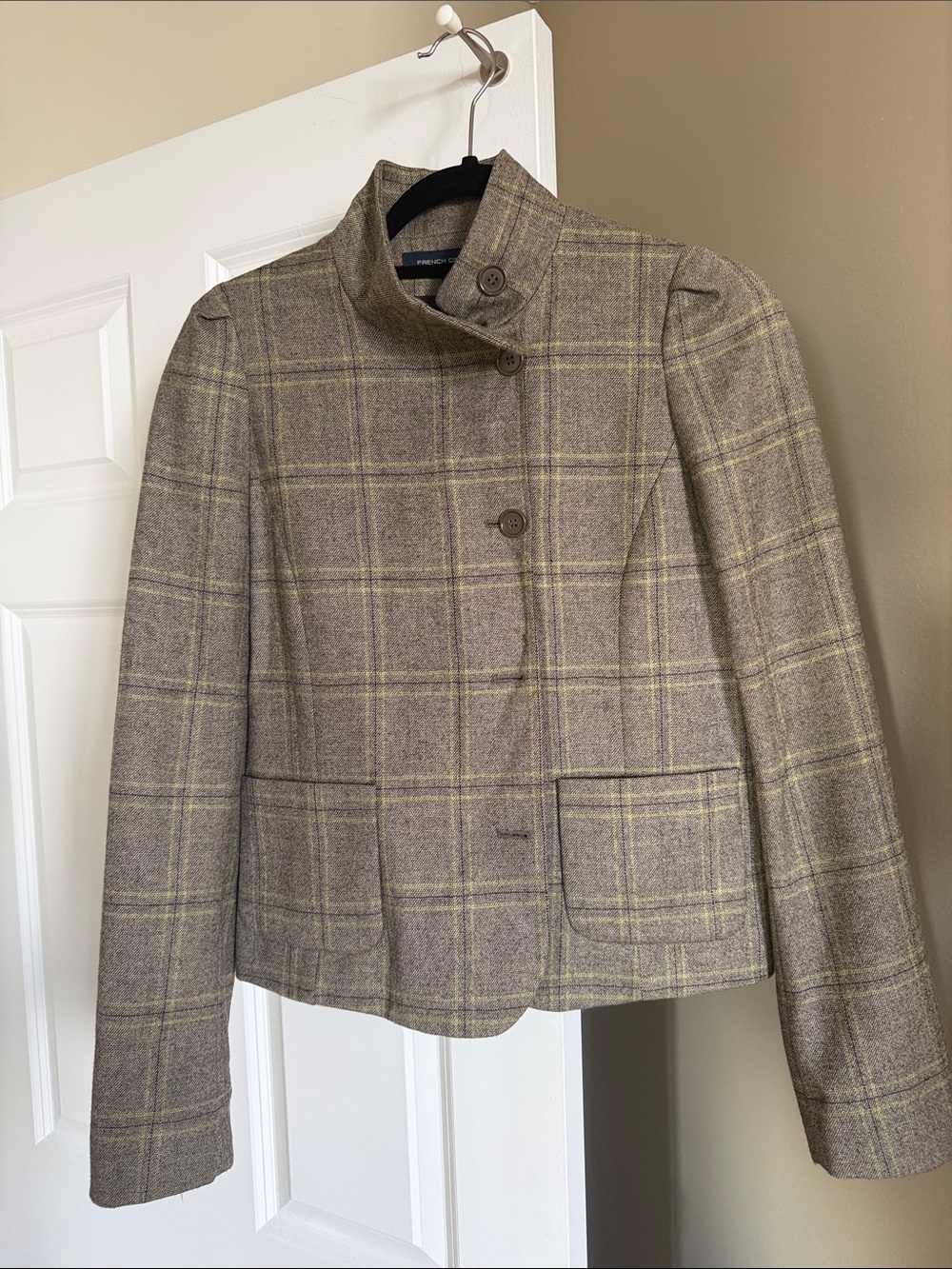French Connection Wool Blend Plaid Stand-Collar blazer